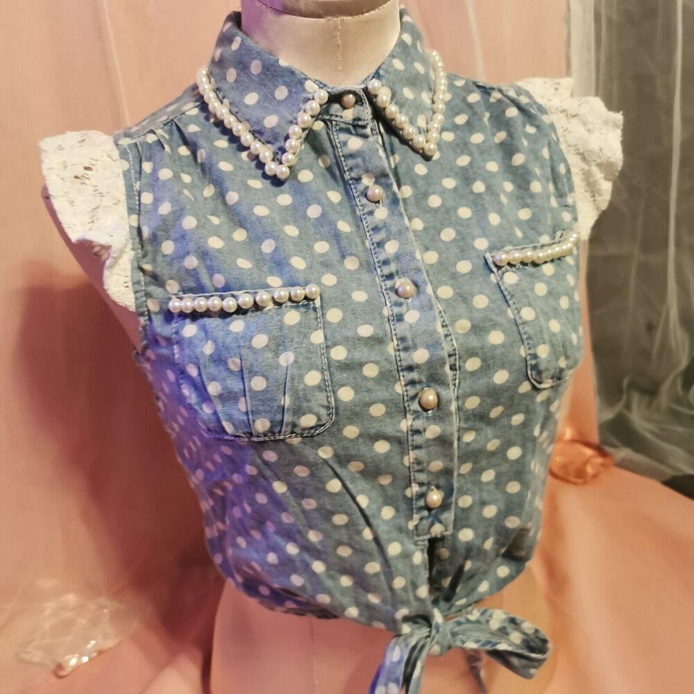 Ank Rouge Size Women's Small Denim Blouse Top Pearl Polka Dot Boho Japan Import
